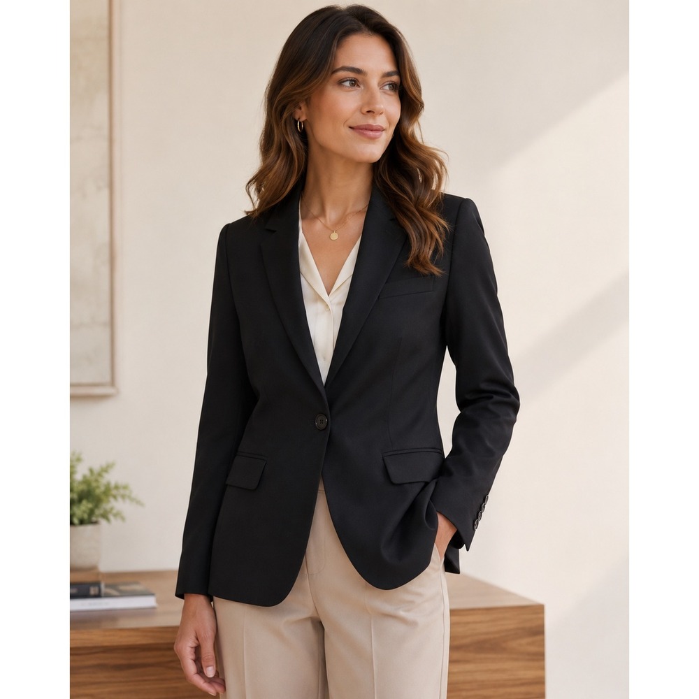 Theory Black Wool Blend Single Button Minimalist Career Blazer Jacket WMs 10 EUC